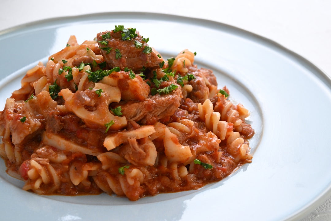 豚肉とレンコンの黒酢煮込みパスタ